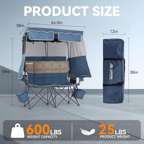Double Camping Chair with Canopy - Blue, Supports 450LBS, Portable & Comfortable