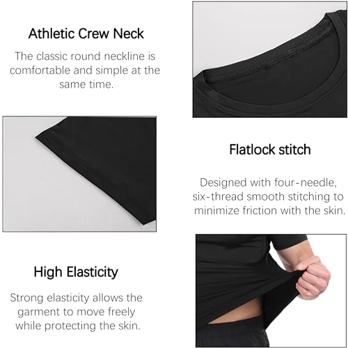 Men's Compression Shirts Short Sleeve Baselayer Workout Tee - Large 5 Pack Black