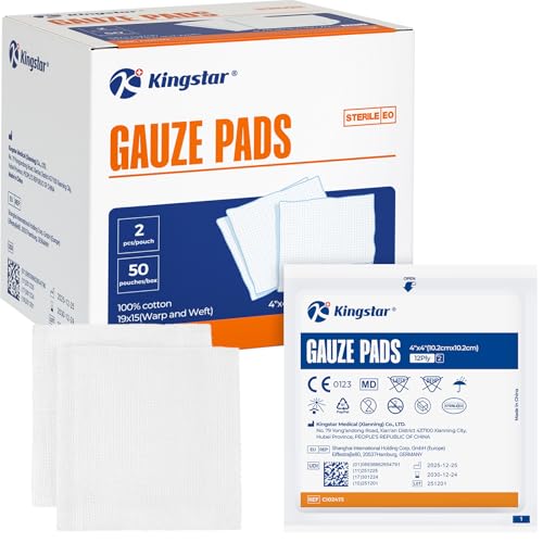 4x4 Inch Sterile Cotton Gauze Pads - 12-Ply Highly Absorbent Wound Dressings (50 Pack)