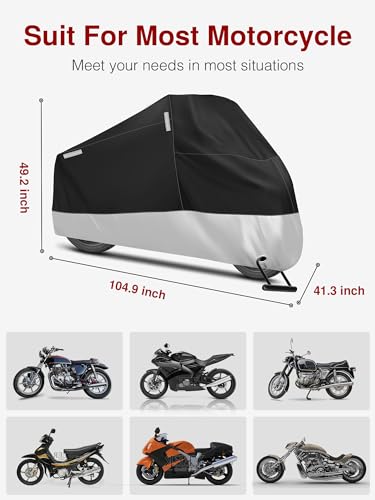 Heavy Duty Waterproof Motorcycle Cover with Reflective Strips & Lock Holes - Fits Up to 105 Inch Bikes