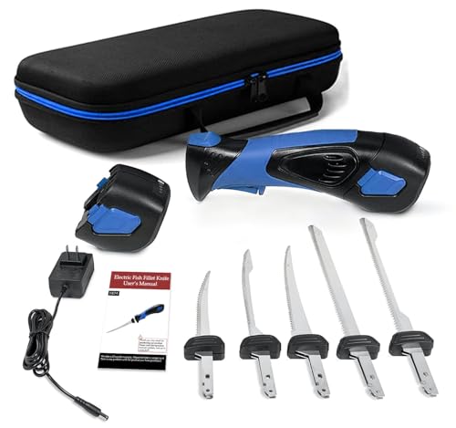 Pratuor Blue Cordless Fillet Knife Kit - 5 Titanium-Coated Blades, Rechargeable, Portable Fish Cleaning Tool
