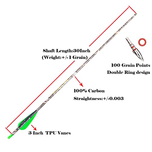Carbon Hunting Arrows 28-30 Inch Spines for Recurve and Compound Bows - Pack of 12