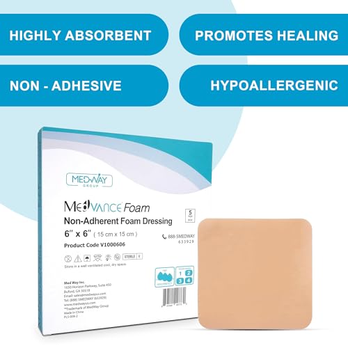 MedVance Waterproof Foam Wound Dressing 6x6 Inches, 5 Pack - Non-Adherent Medical Wound Care