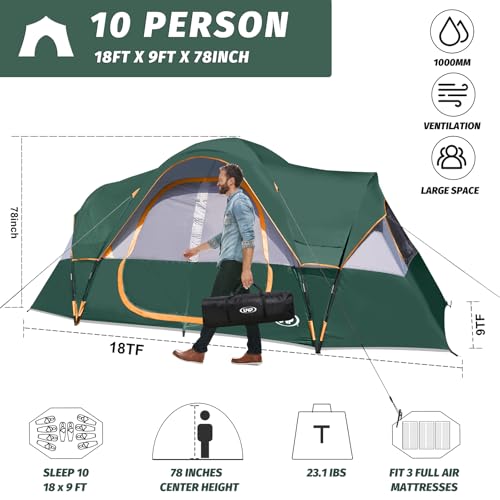 UNP 10 Person Family Camping Tent - Dark Green, Waterproof Outdoor Shelter