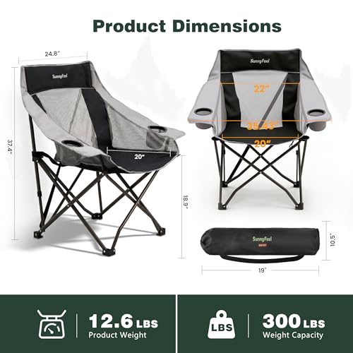 Oversized Camping Chair for Adults Black - Heavy Duty Foldable with Carry Bag, Cup Holder & Side Pockets