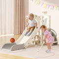 BIERUM 6-in-1 Toddler Playground Slide Set with Basketball Hoop & Telescope, White & Gray