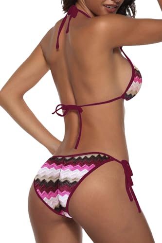 Women Triangle String Boho Crochet Bikini Set - Small, Wine