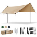 Khaki Camping Tarp 16x9.8ft with Poles Waterproof Rain Fly for Outdoor Travel