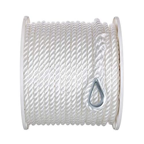 Seachoice 1/2 Inch x 200 Ft White Nylon Anchor Line Rope - 3-Strand Twisted, Galvanized Steel Thimble