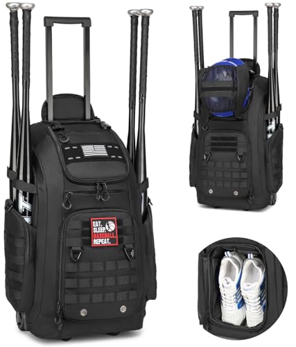 SunForMorning Black Rolling Baseball Bag with Wheels, Catchers Gear Storage