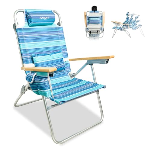 ARURU Light Green Tall Folding Beach Chair for Adults with Cooler & Cup Holder, 5-Position Recline, Portable Backpack Design