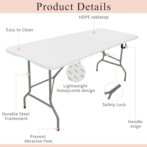 JALANCY 5FT White Folding Plastic Camping Table Set of 2 Portable Outdoor Tables