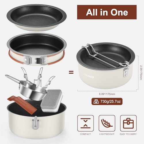 Odoland 10-Piece Camping Cookware Set Cream White Non-Stick Pots & Pans