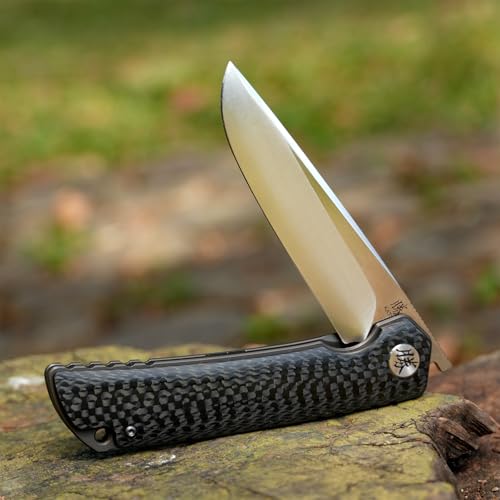 Black Carbon Fiber Handle Folding Knife 154CM Steel, 3.5" Blade, Liner Lock, Camping & Hiking