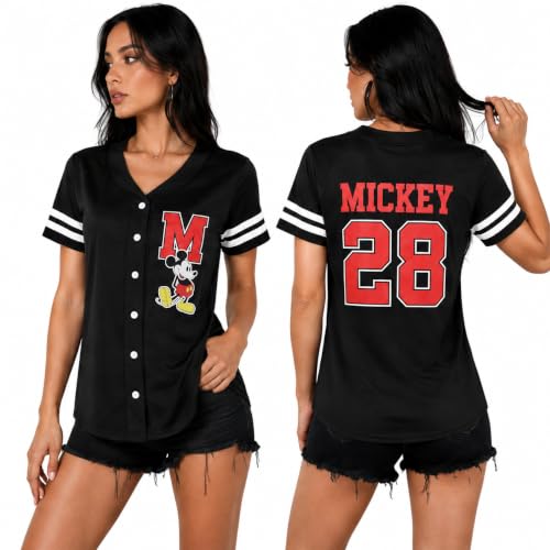 Women's Baseball Jersey - Large Black Mickey Graphic Short Sleeve Button Down
