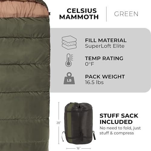 Green Mammoth Queen Size Double Sleeping Bag - Warm Camping Comfort 0°F