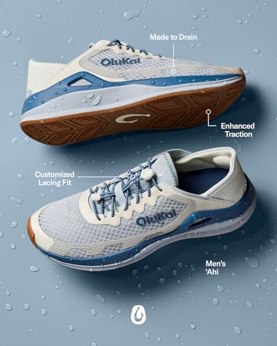 OluKai 'Ahi Men's Water Shoes Blue Pearl/White Sand 10.5 Quick-Drying Marine Sneakers