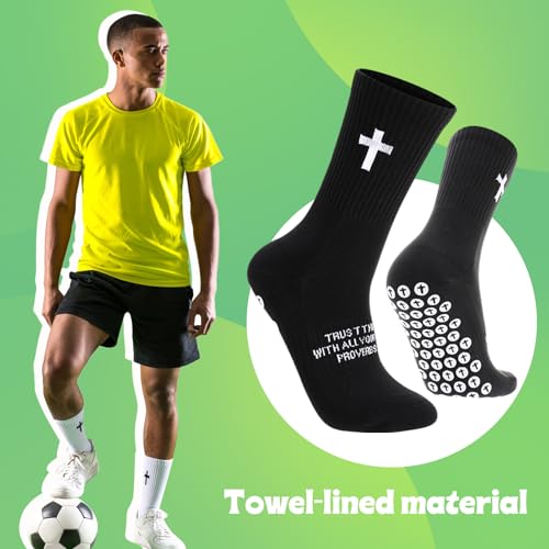 Soccer Socks with Bible Verse - Unisex Cross Embroidered Athletic Socks, Size 6-13, White/Black, 6 Pairs