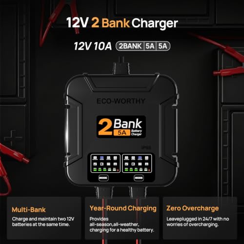 Marine Battery Charger 12V 10A Dual Bank Waterproof Lead-Acid Lithium Repair