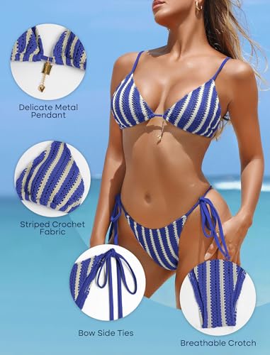 Women's Crochet Bikini Set Medium Blue Boho Swimsuit Thong