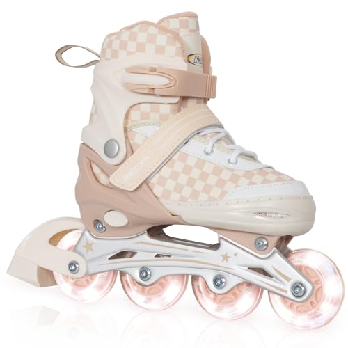 Nattork Kids & Teens Adjustable Inline Skates with Illuminating Wheels, Checkerboard Design, Khaki, Medium (1-4 US)