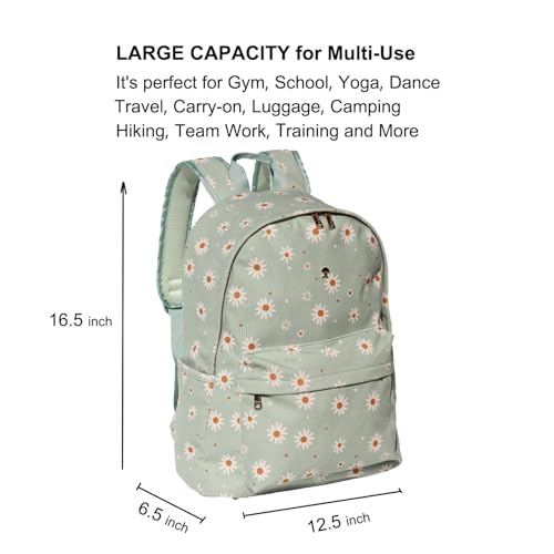 Corduroy Travel Backpack with Floral Matcha Daisy Print Waterproof & Spacious