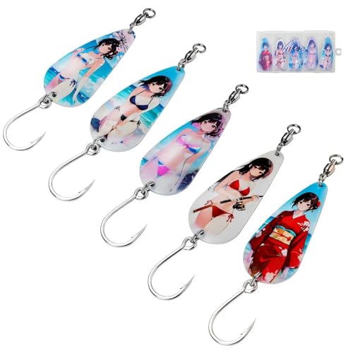 Spinner Spoon Fishing Lures Kit B-5PCS with 3D Eyes & Treble Hooks - Saltwater & Freshwater