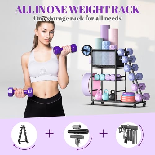 Dumbbell Rack with Yoga Mat Holder & Wheels - Home Gym Storage Organizer
