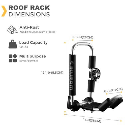 IKURAM R Aluminum Folding J-Style Kayak Roof Rack - Silver, 3-in-1 Universal Fit