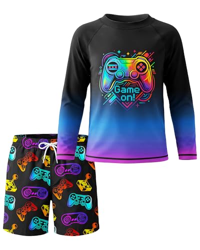 Boys Two Piece Rash Guard Swim Set - Long Sleeve Swimsuit & Trunks, 14-16 Years Variation