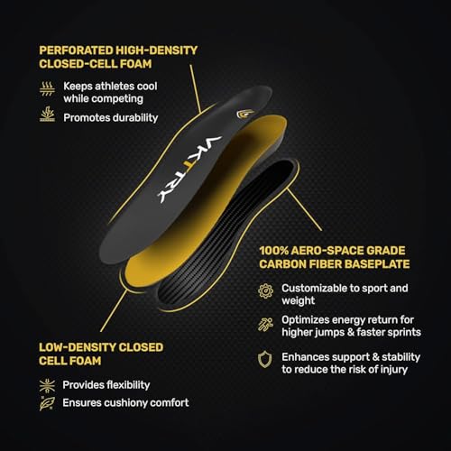 VKTRY Gold Carbon Fiber Sport Insoles for Cleated Shoes - Size 9-9.5 Men, 11-11.5 Women, 2 Wt 121-170 Lbs