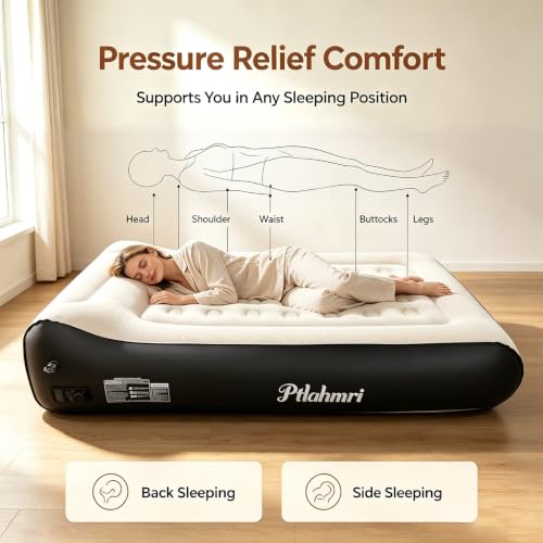 Black Queen Air Mattress with Built-in Pump, 16-Inch Inflatable Bed for Camping & Guests