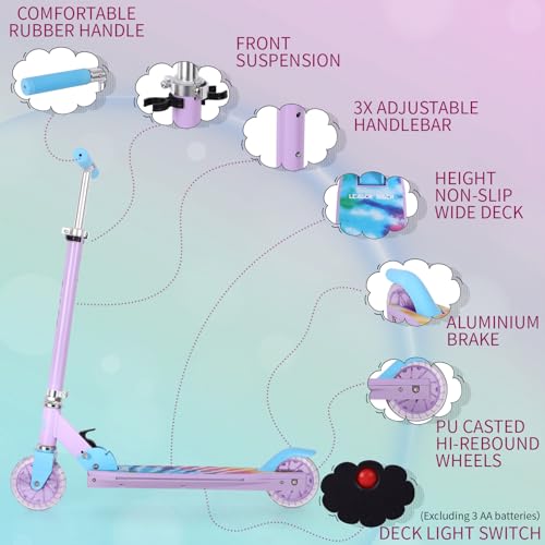 LEADER RIDER Purple Kids Foldable Light-Up Scooter, Adjustable Height, 3-Color LED Wheels