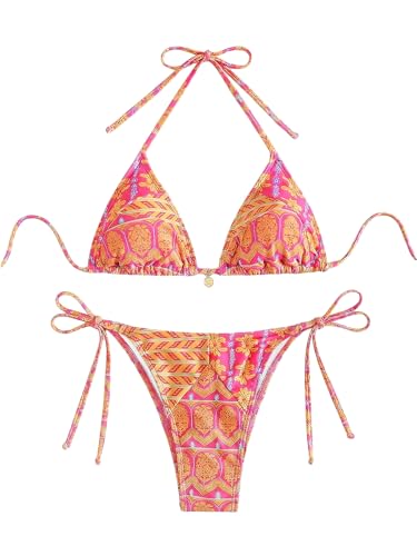 Women's 2 Piece Floral Bikini Set - Pink Yellow Multi, X-Small, Geometric Halter String Triangle Swimsuit
