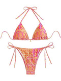 Women's 2 Piece Floral Bikini Set - Pink Yellow Multi, X-Small, Geometric Halter String Triangle Swimsuit