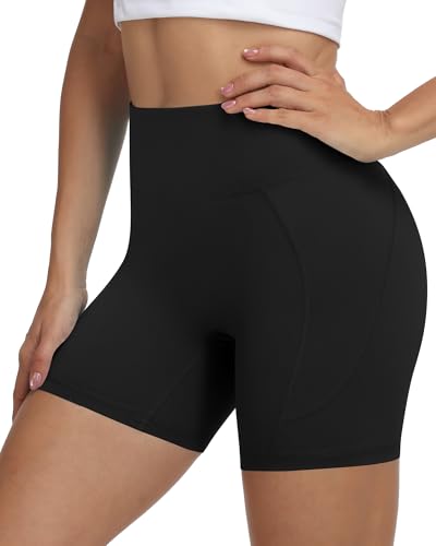 Women’s High Waist Biker Shorts - 3/5/8 Inch Spandex Tummy Control Yoga Workout Black Large