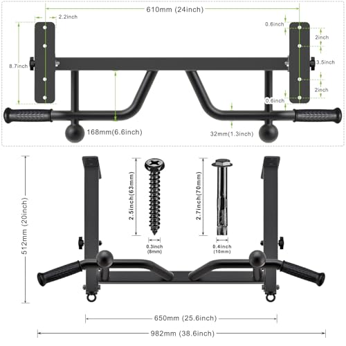 F2 Black 24-Inch Ceiling Mount Pull Up Bar with Adjustable Heights & Multi-Grip Options