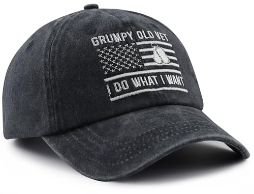 Grumpy Old Vet Hat for Men - USA Flag Veteran Baseball Cap, One Size, Black