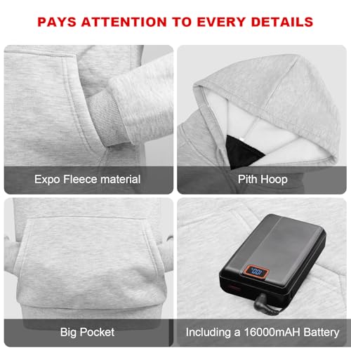 Heated Hoodie for Men & Women with 7.4V 16000mAh Battery, Medium Gray