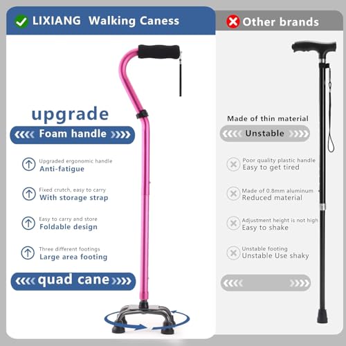 Pink Foldable Quad Canes for Seniors & Adults - Heavy Duty, Adjustable, Self-Standing Support