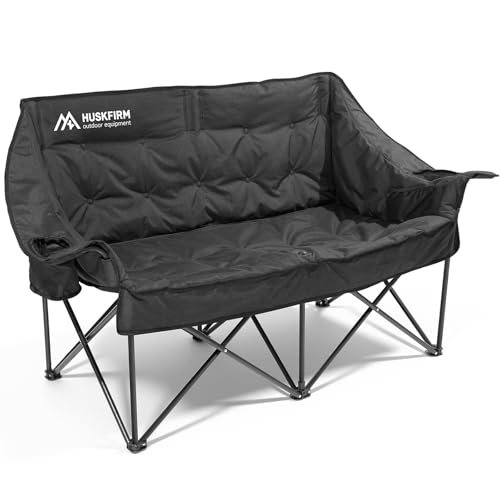Oversized Double Camping Chair with Cationic Black Fabric Support 800LBS - Huskfirm, Heavy Duty Folding Lounger