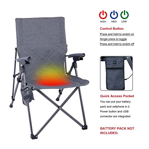 Sunnyfeel Grey Outdoor Reclining Camping Chair with Heating, Adjustable 3-Position Foldable Heavy Duty Lounger, 300 LBS Capacity
