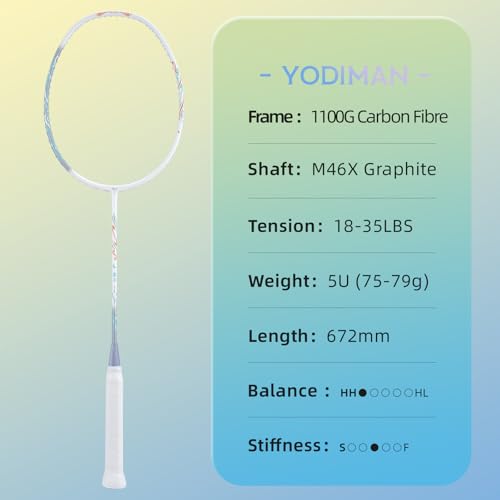 YODIMAN Slate Gray Pro Ultra-Light Carbon Fiber Badminton Racket - Head Heavy, Professional Grade, 4U/5U, Overgrip Included