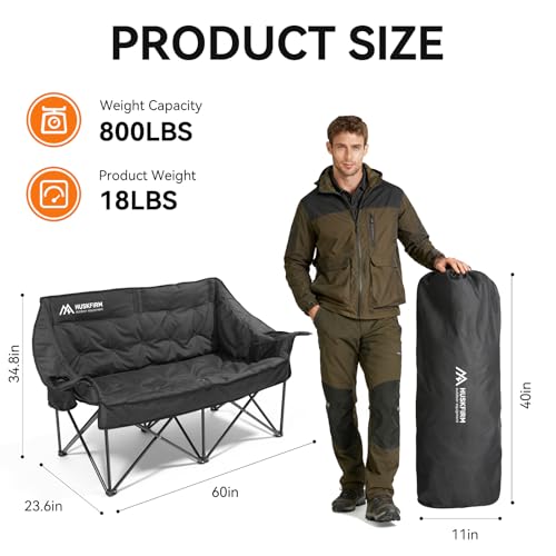 Oversized Double Camping Chair with Cationic Black Fabric Support 800LBS - Huskfirm, Heavy Duty Folding Lounger