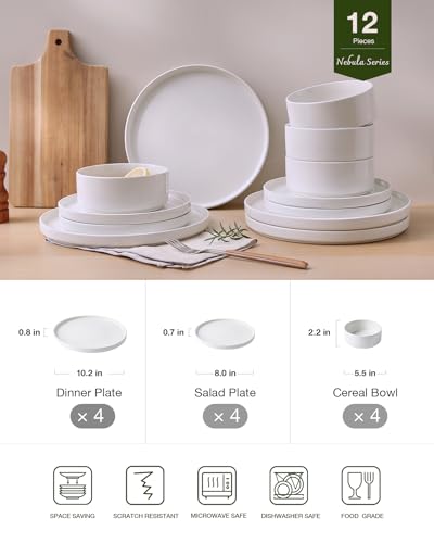 Famiware Nebula Dinnerware Set for 4 - White 12-Piece Dinner Plates, Salad Plates & Bowls