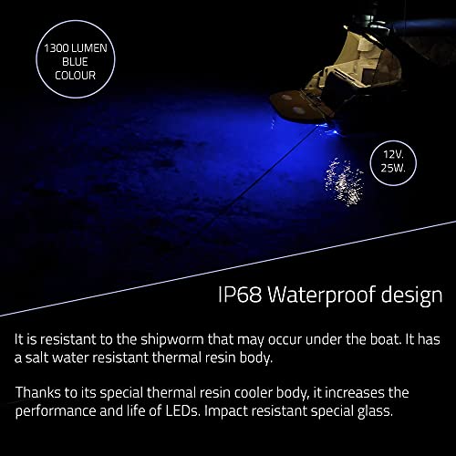 Al Aker Lighting Blue 1300 Lumen 25W Underwater Boat Light 12V for Yachts & Pontoon