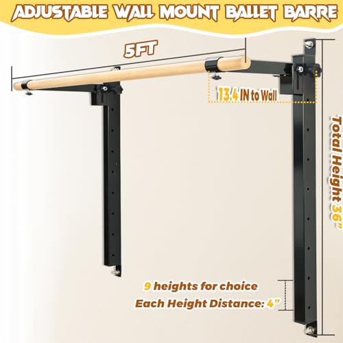 Black 60-inch Wall Mount Ballet Barre, Height Adjustable for Home Studio