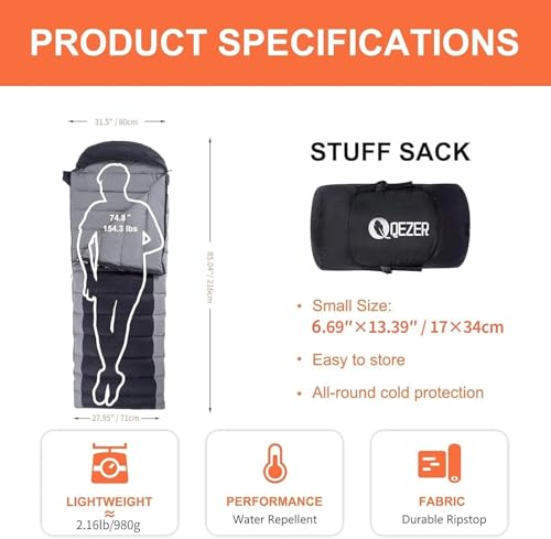 QEZER Grey Down Sleeping Bag for Adults, Lightweight Backpacking & Camping, 2.16 lbs