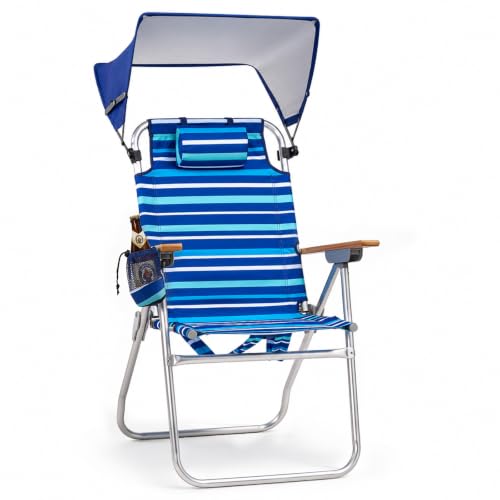17-Inch Tall Blue Striped Beach Chair with Canopy Shade, Supports 350 lbs