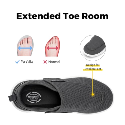 FitVille Extra Wide Diabetic Slip-On Shoes for Men Gray 11 Wide Deep – Swollen Feet, Pain Relief, Adjustable Walking Footwear